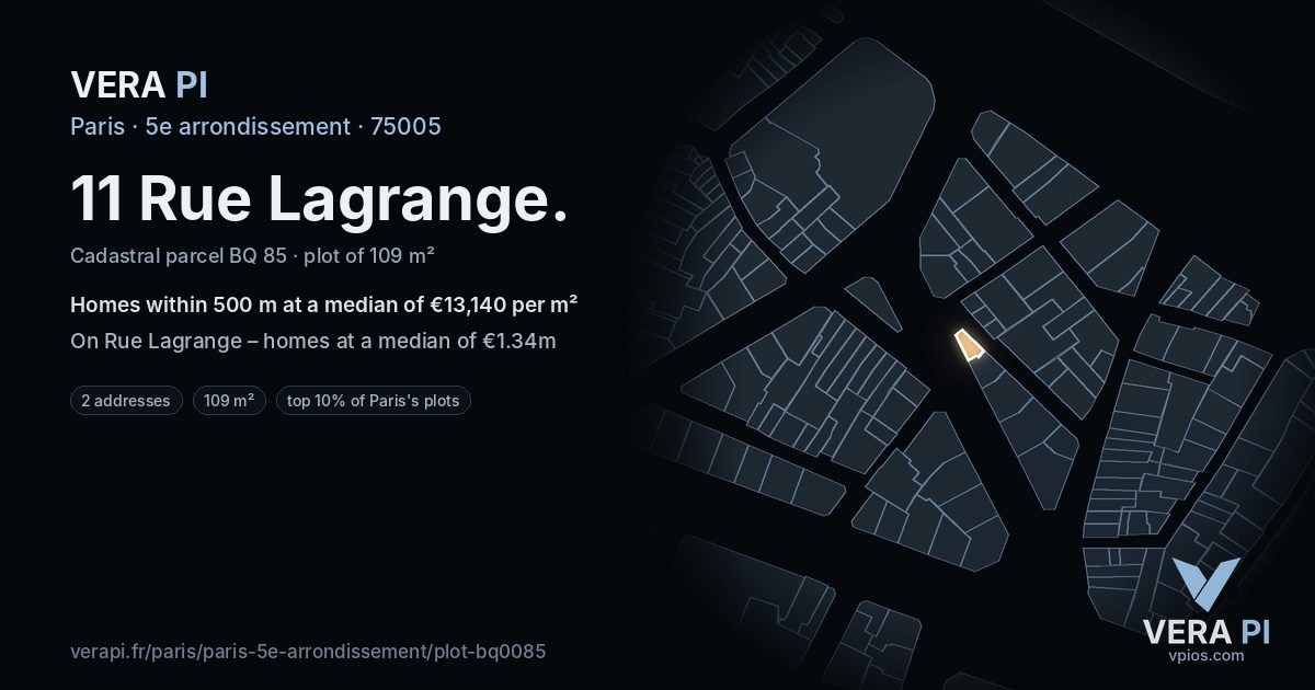 11 Rue Lagrange, 5e arrondissement at night – the plot lit, the parcels around coloured by the prices near them