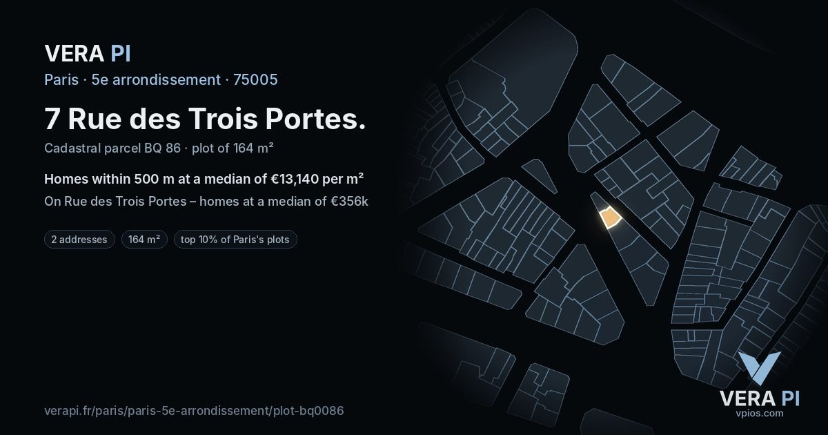 7 Rue des Trois Portes, 5e arrondissement at night – the plot lit, the parcels around coloured by the prices near them