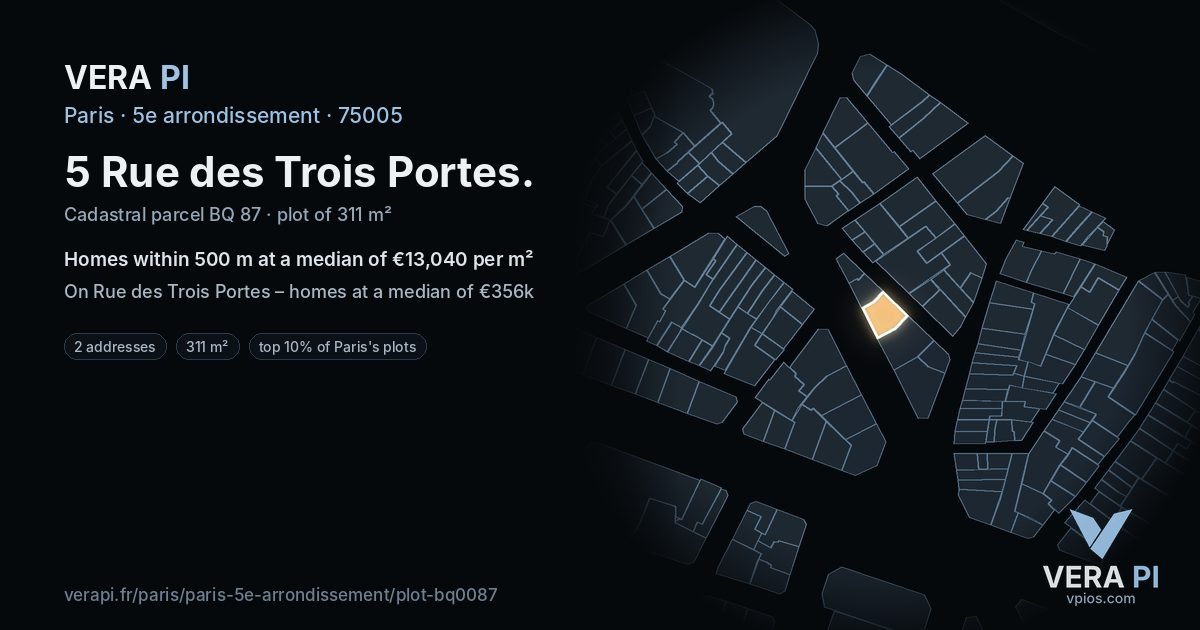 5 Rue des Trois Portes, 5e arrondissement at night – the plot lit, the parcels around coloured by the prices near them