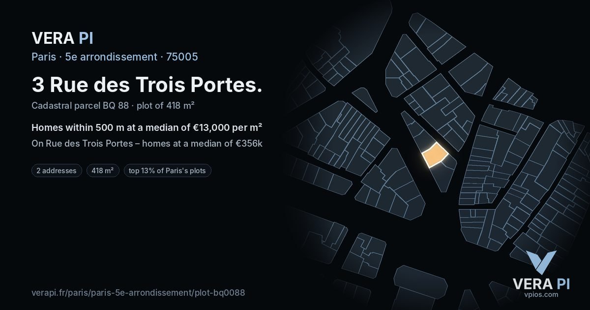 3 Rue des Trois Portes, 5e arrondissement at night – the plot lit, the parcels around coloured by the prices near them