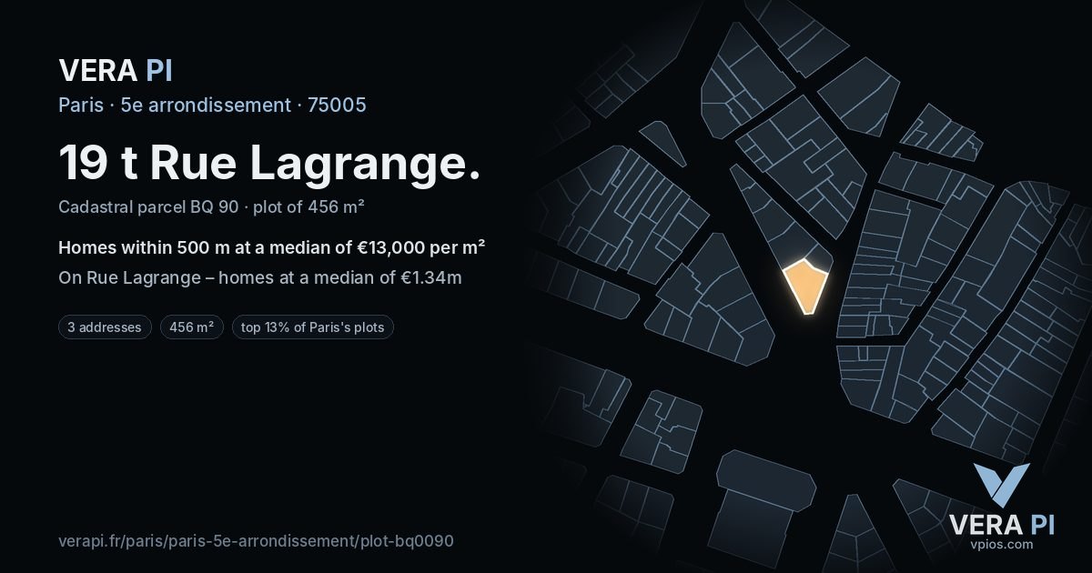 19 t Rue Lagrange, 5e arrondissement at night – the plot lit, the parcels around coloured by the prices near them