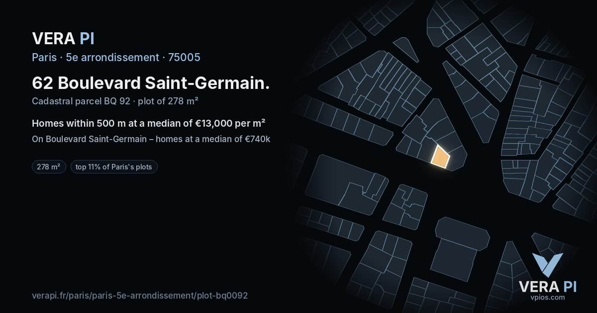 62 Boulevard Saint-Germain, 5e arrondissement at night – the plot lit, the parcels around coloured by the prices near them
