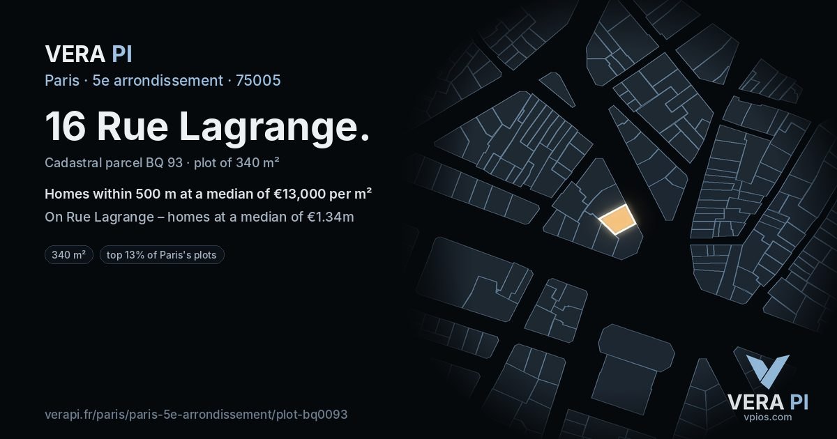 16 Rue Lagrange, 5e arrondissement at night – the plot lit, the parcels around coloured by the prices near them