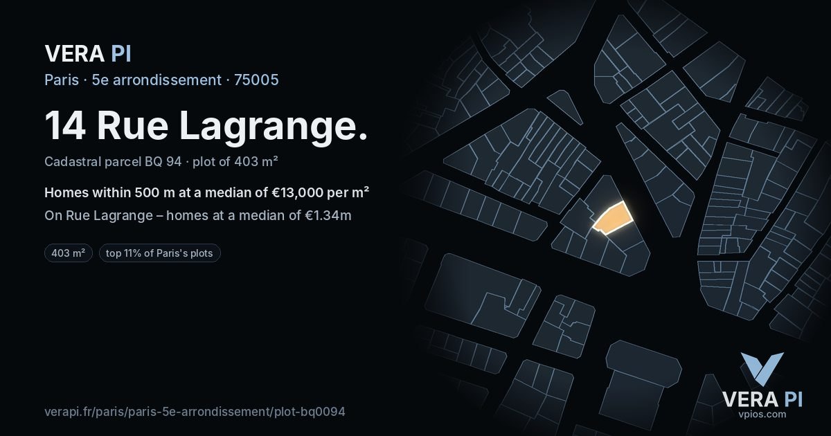 14 Rue Lagrange, 5e arrondissement at night – the plot lit, the parcels around coloured by the prices near them