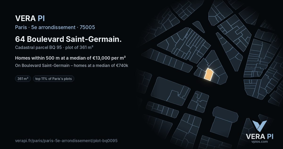 64 Boulevard Saint-Germain, 5e arrondissement at night – the plot lit, the parcels around coloured by the prices near them