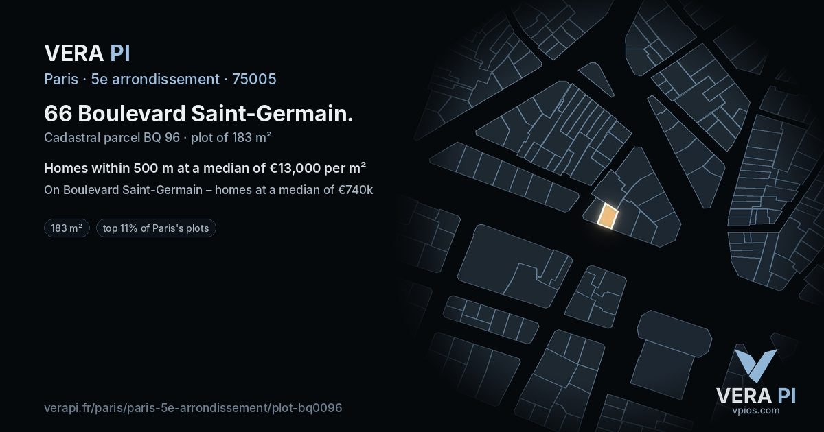 66 Boulevard Saint-Germain, 5e arrondissement at night – the plot lit, the parcels around coloured by the prices near them