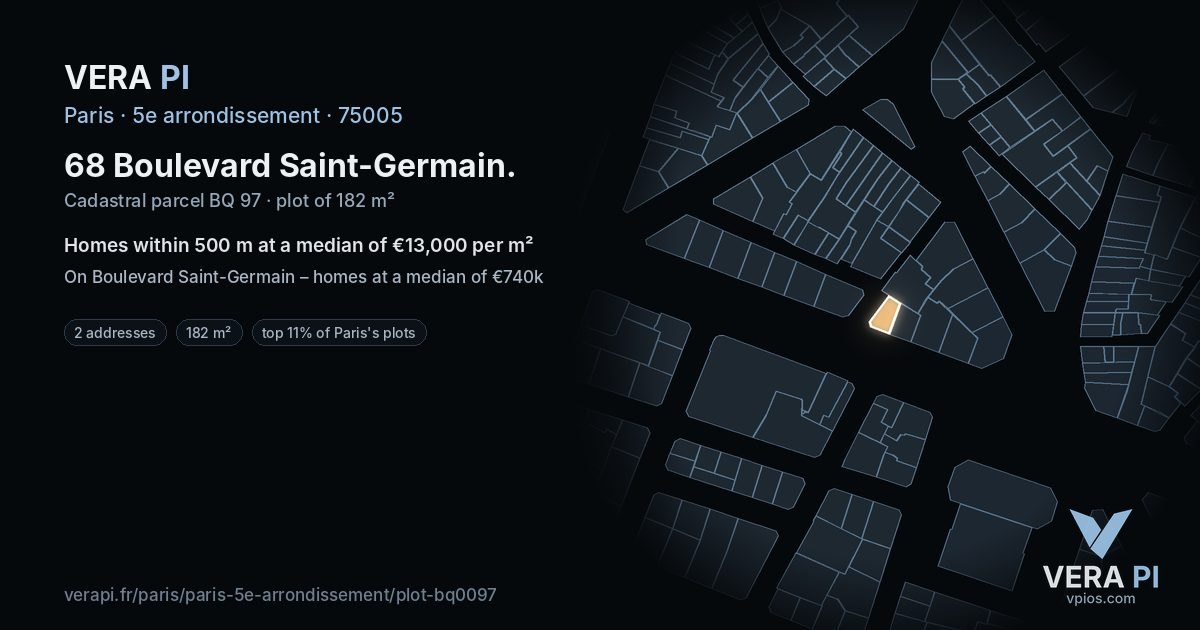 68 Boulevard Saint-Germain, 5e arrondissement at night – the plot lit, the parcels around coloured by the prices near them