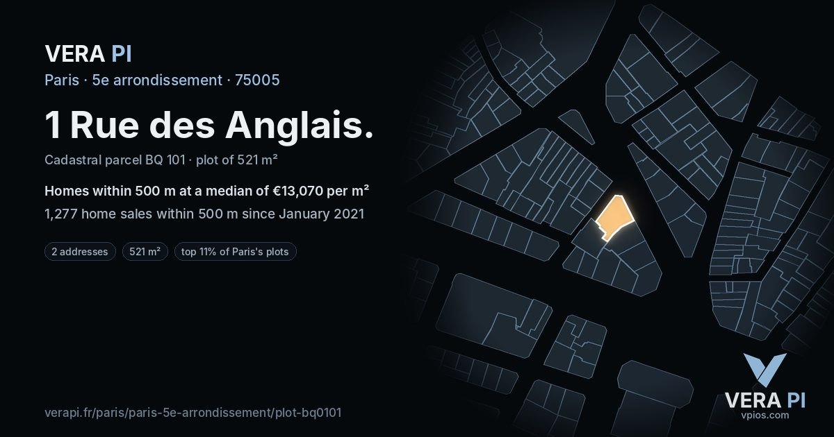 1 Rue des Anglais, 5e arrondissement at night – the plot lit, the parcels around coloured by the prices near them