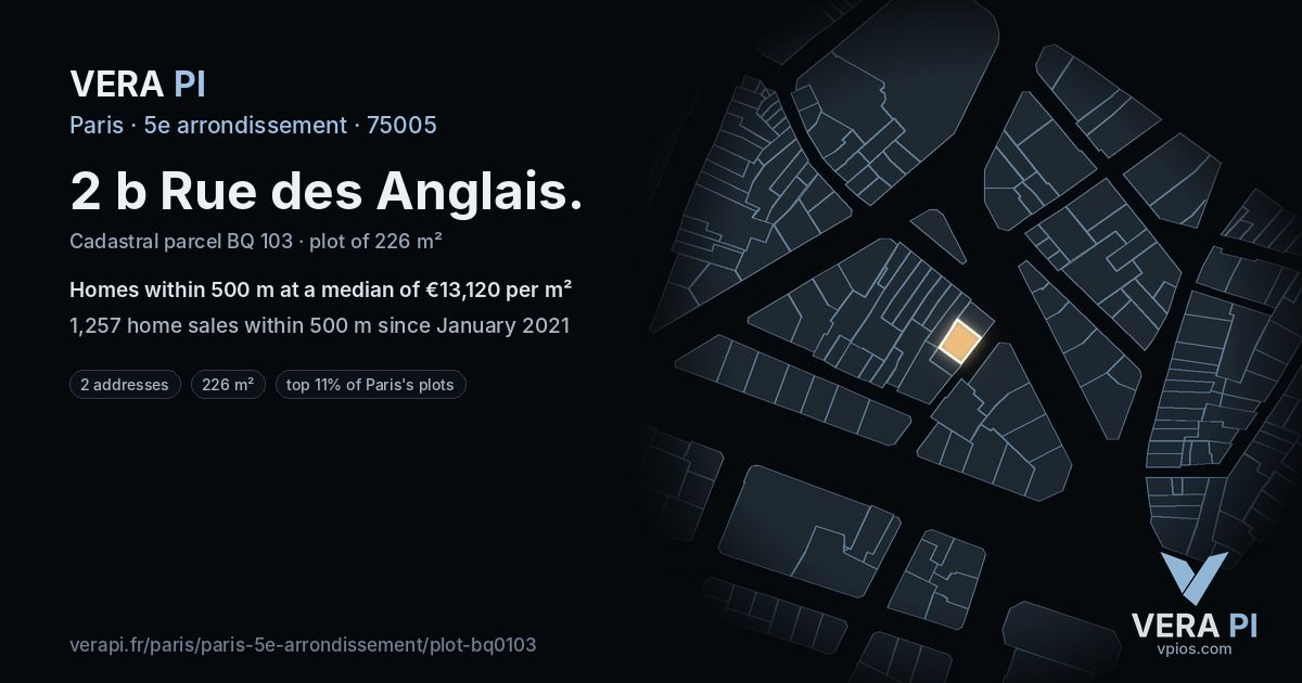 2 b Rue des Anglais, 5e arrondissement at night – the plot lit, the parcels around coloured by the prices near them