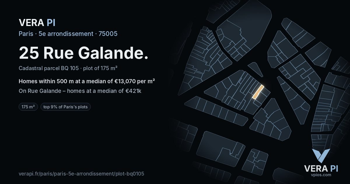 25 Rue Galande, 5e arrondissement at night – the plot lit, the parcels around coloured by the prices near them