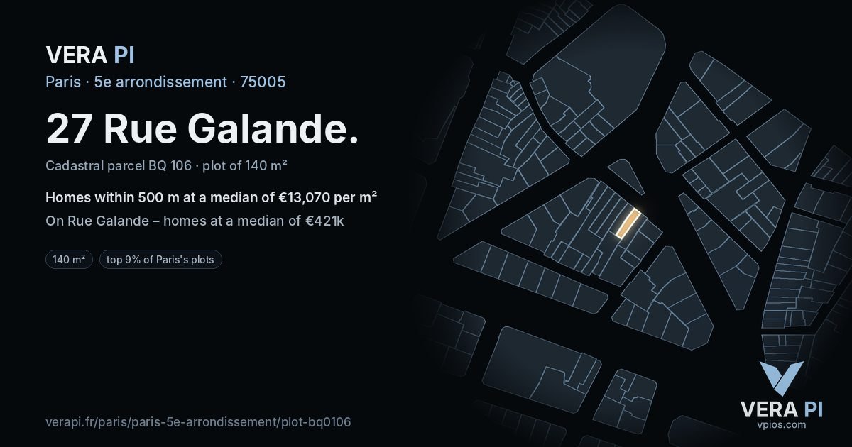 27 Rue Galande, 5e arrondissement at night – the plot lit, the parcels around coloured by the prices near them