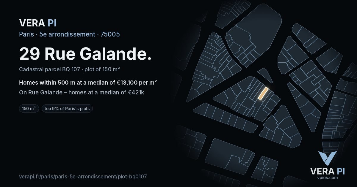 29 Rue Galande, 5e arrondissement at night – the plot lit, the parcels around coloured by the prices near them