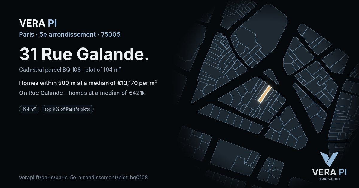 31 Rue Galande, 5e arrondissement at night – the plot lit, the parcels around coloured by the prices near them