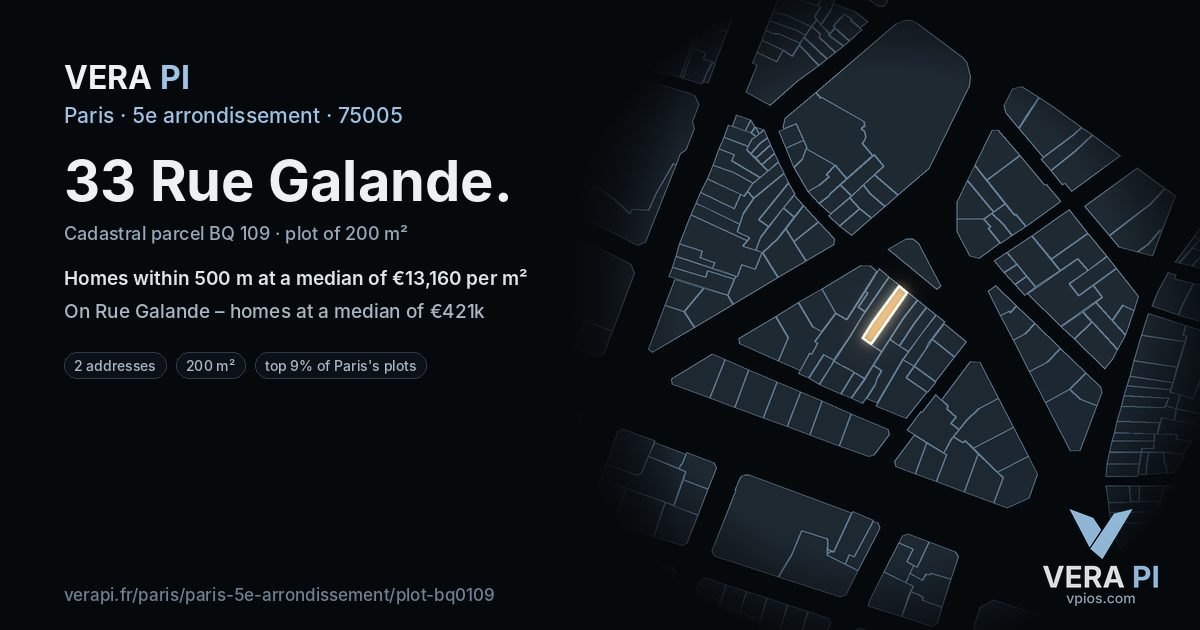 33 Rue Galande, 5e arrondissement at night – the plot lit, the parcels around coloured by the prices near them