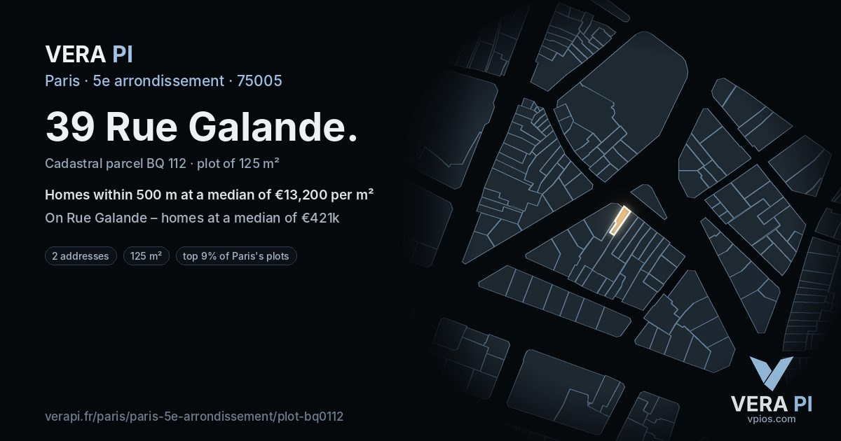 39 Rue Galande, 5e arrondissement at night – the plot lit, the parcels around coloured by the prices near them