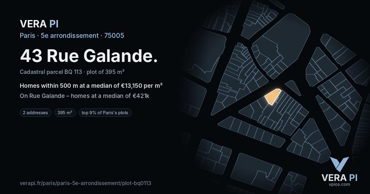 43 Rue Galande, 5e arrondissement at night – the plot lit, the parcels around coloured by the prices near them