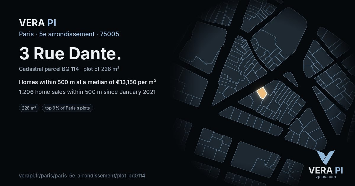 3 Rue Dante, 5e arrondissement at night – the plot lit, the parcels around coloured by the prices near them