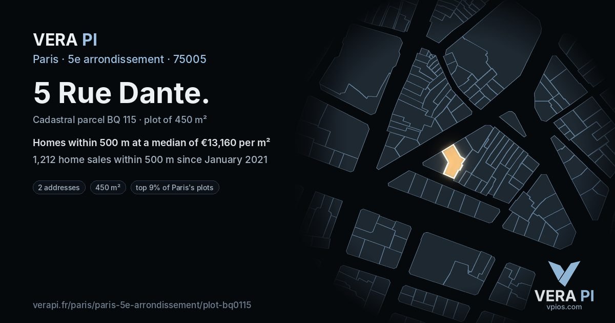 5 Rue Dante, 5e arrondissement at night – the plot lit, the parcels around coloured by the prices near them