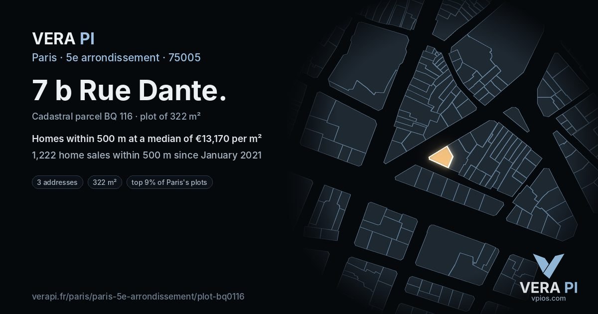 7 b Rue Dante, 5e arrondissement at night – the plot lit, the parcels around coloured by the prices near them