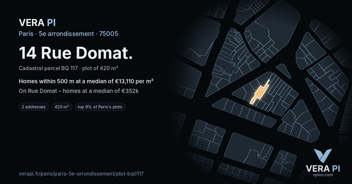 14 Rue Domat, 5e arrondissement at night – the plot lit, the parcels around coloured by the prices near them
