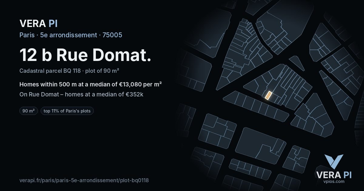 12 b Rue Domat, 5e arrondissement at night – the plot lit, the parcels around coloured by the prices near them