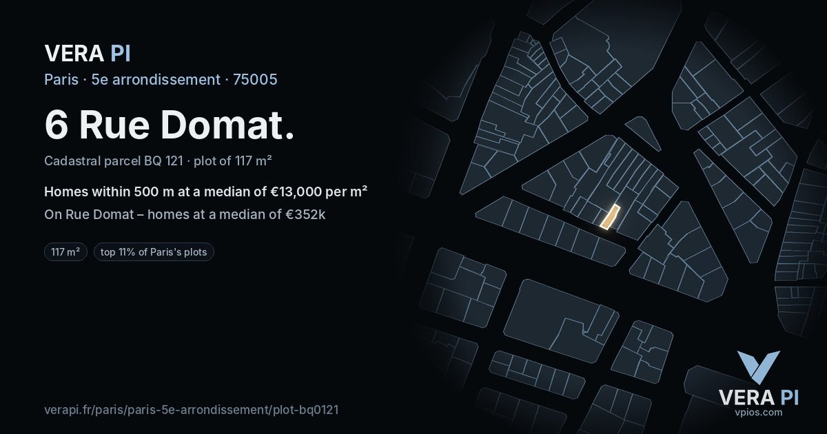 6 Rue Domat, 5e arrondissement at night – the plot lit, the parcels around coloured by the prices near them