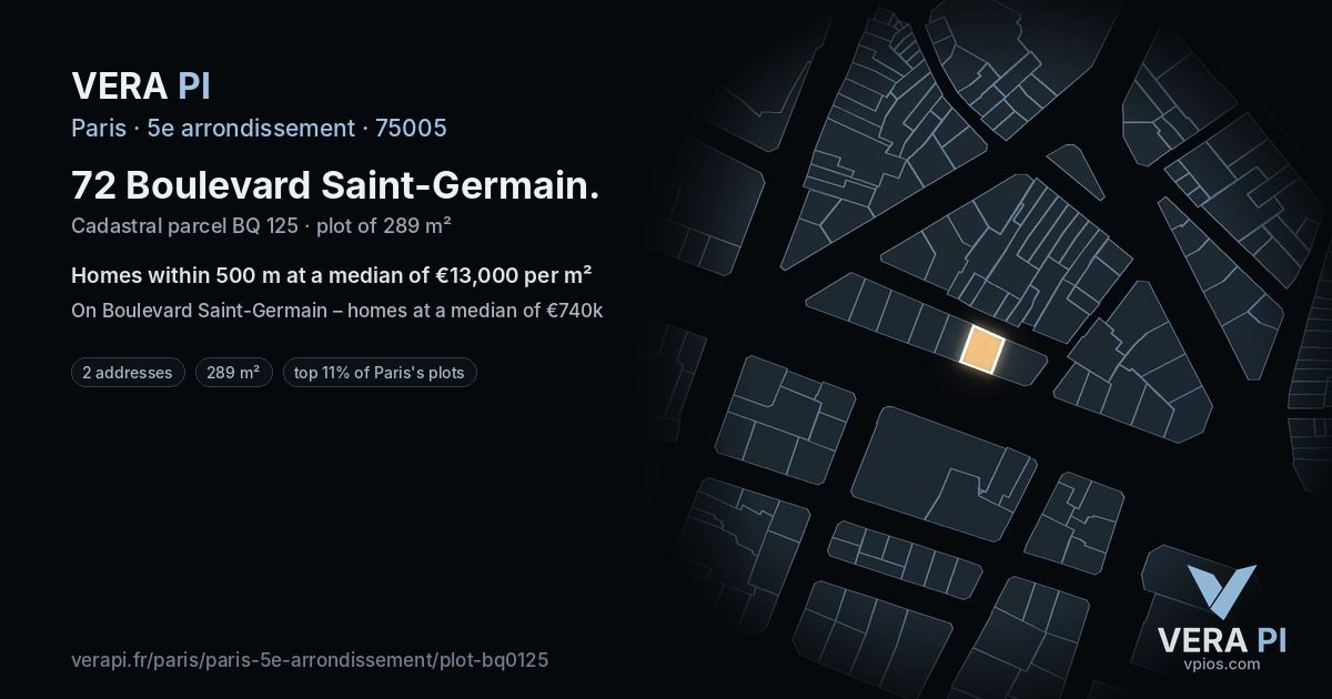 72 Boulevard Saint-Germain, 5e arrondissement at night – the plot lit, the parcels around coloured by the prices near them