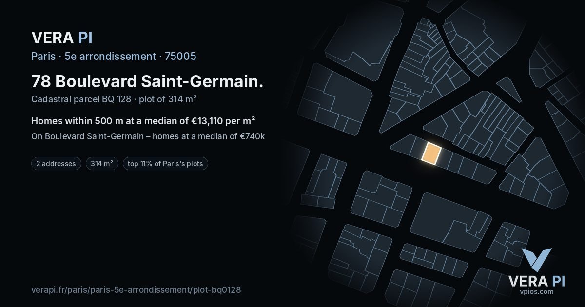 78 Boulevard Saint-Germain, 5e arrondissement at night – the plot lit, the parcels around coloured by the prices near them