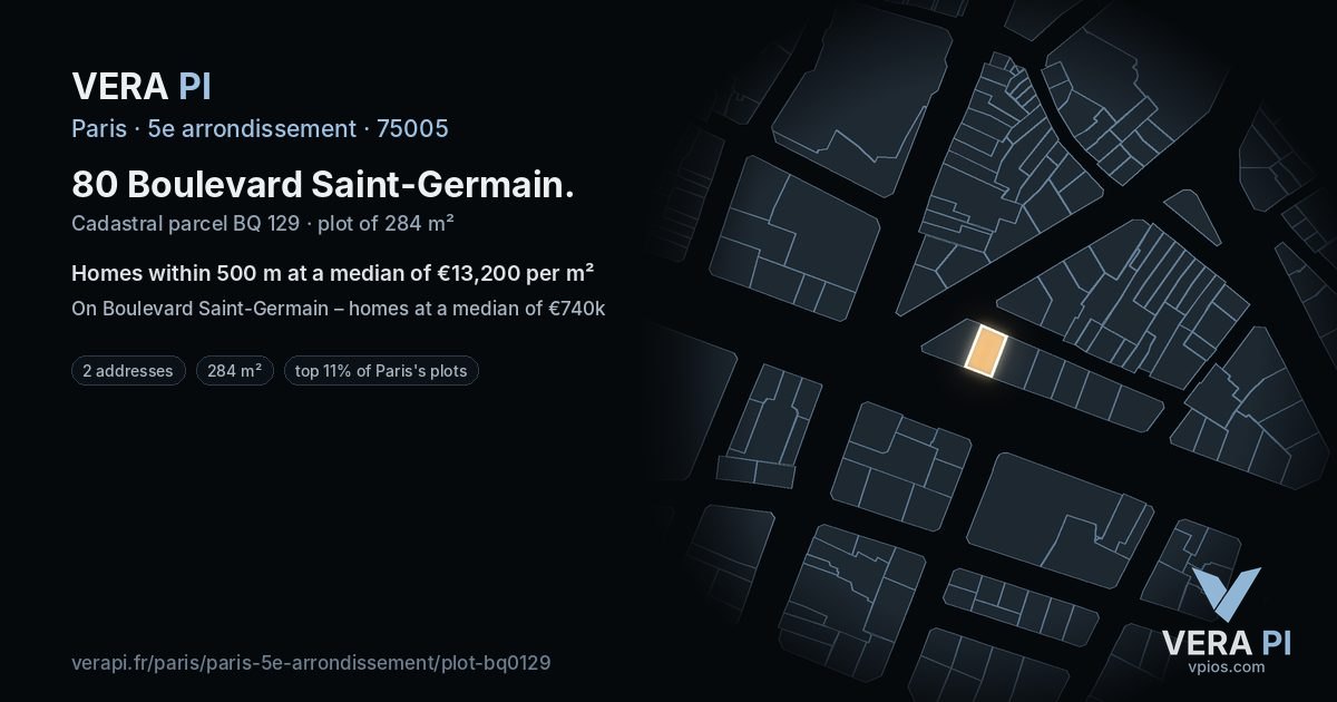 80 Boulevard Saint-Germain, 5e arrondissement at night – the plot lit, the parcels around coloured by the prices near them