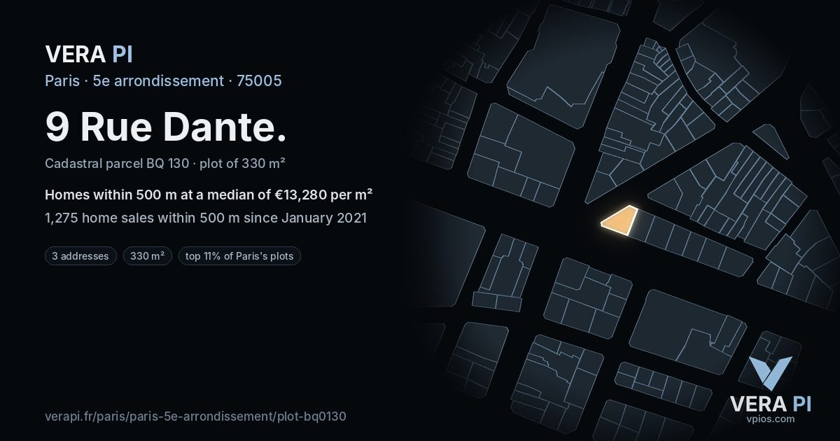 9 Rue Dante, 5e arrondissement at night – the plot lit, the parcels around coloured by the prices near them