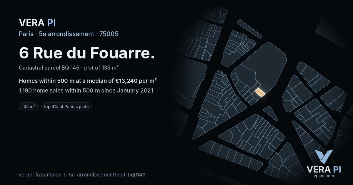 6 Rue du Fouarre, 5e arrondissement at night – the plot lit, the parcels around coloured by the prices near them