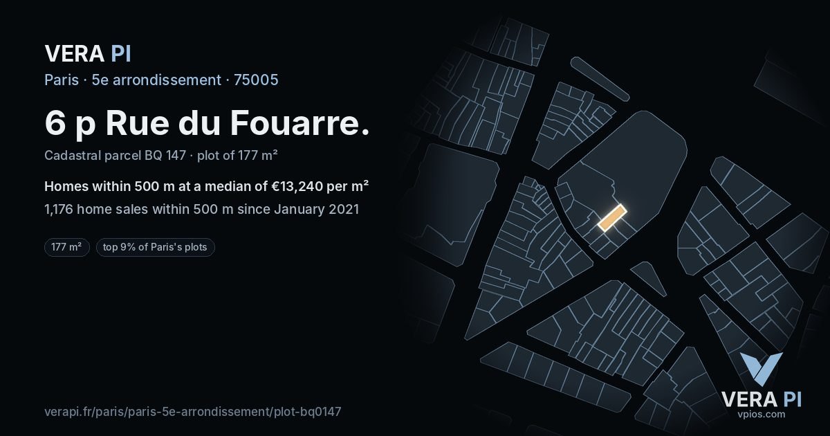 6 p Rue du Fouarre, 5e arrondissement at night – the plot lit, the parcels around coloured by the prices near them