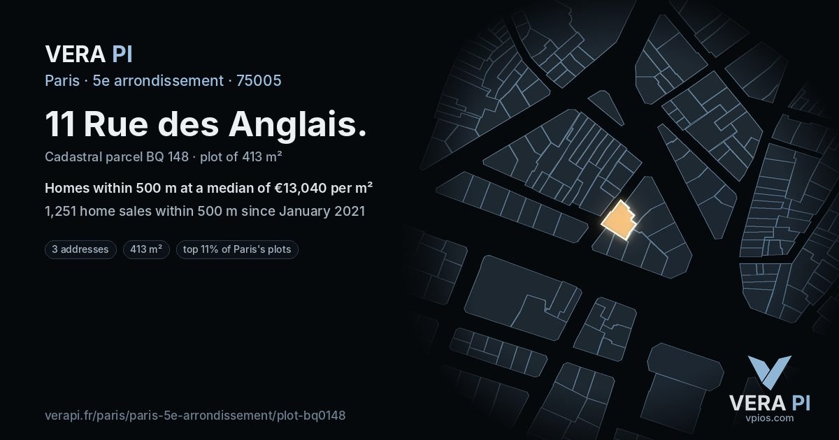 11 Rue des Anglais, 5e arrondissement at night – the plot lit, the parcels around coloured by the prices near them