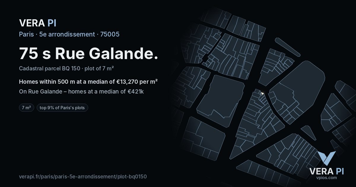 75 s Rue Galande, 5e arrondissement at night – the plot lit, the parcels around coloured by the prices near them