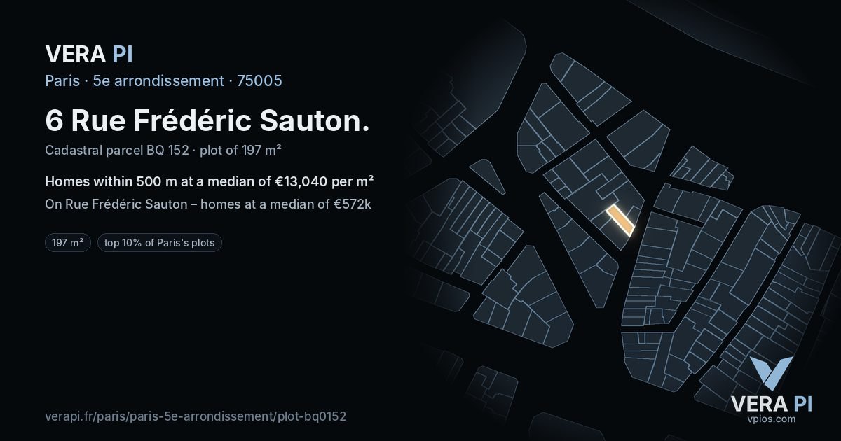 6 Rue Frédéric Sauton, 5e arrondissement at night – the plot lit, the parcels around coloured by the prices near them