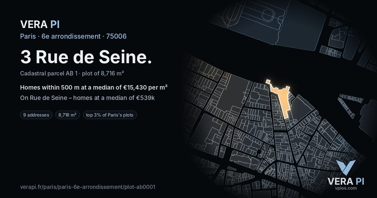 3 Rue de Seine, 6e arrondissement at night – the plot lit, the parcels around coloured by the prices near them