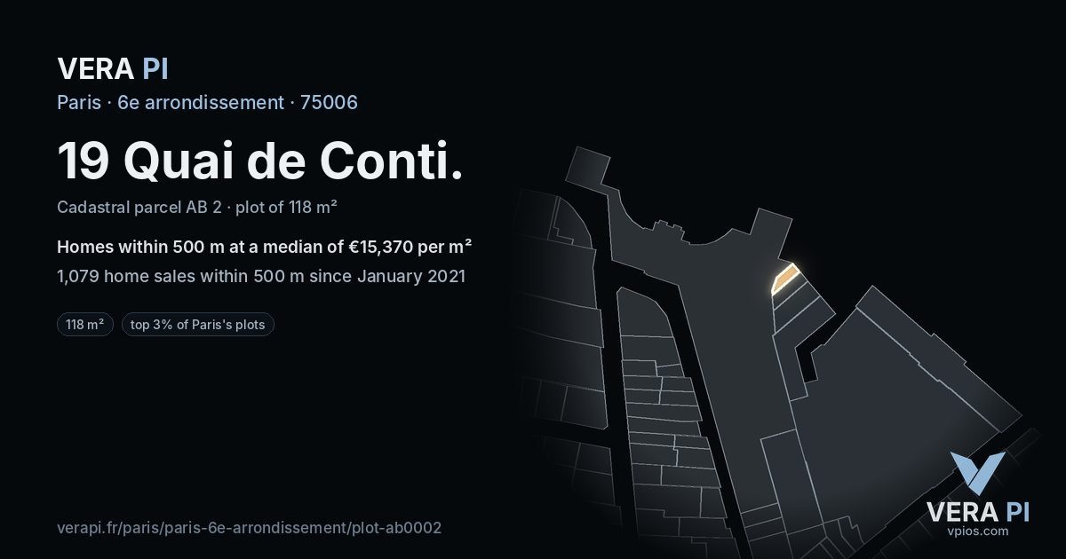 19 Quai de Conti, 6e arrondissement at night – the plot lit, the parcels around coloured by the prices near them
