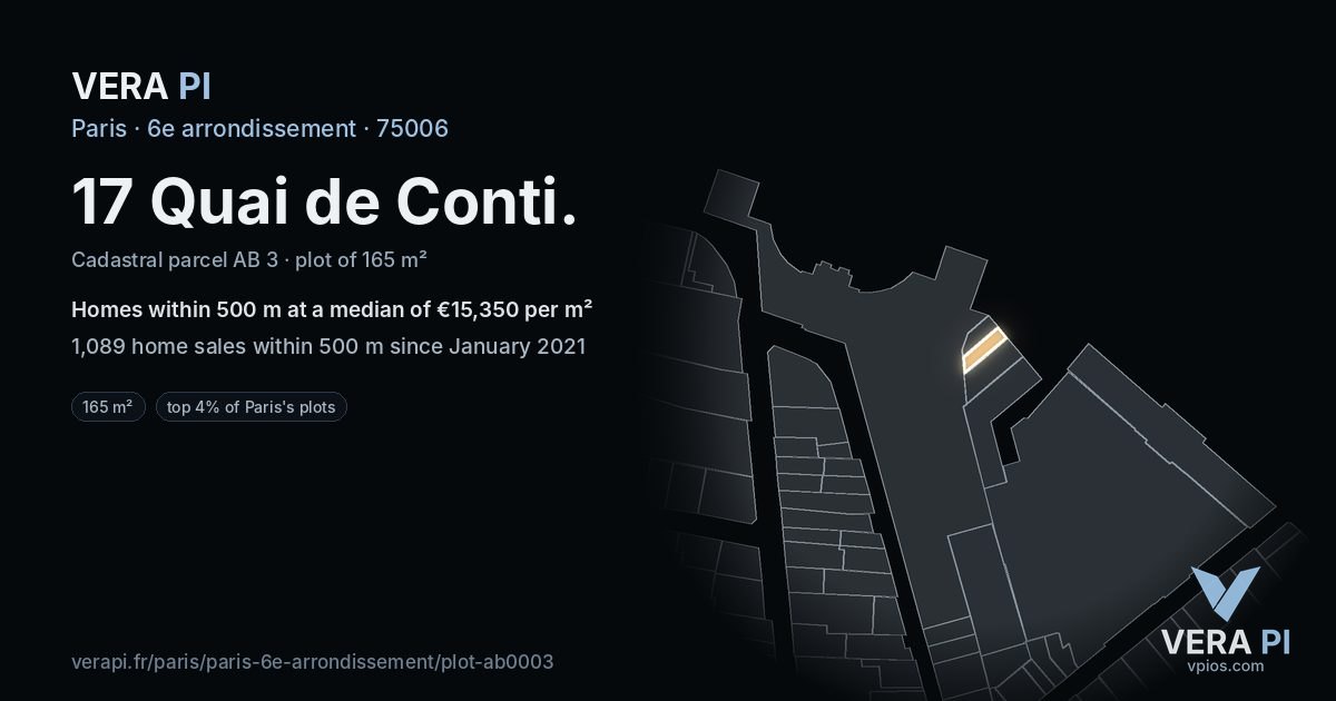 17 Quai de Conti, 6e arrondissement at night – the plot lit, the parcels around coloured by the prices near them