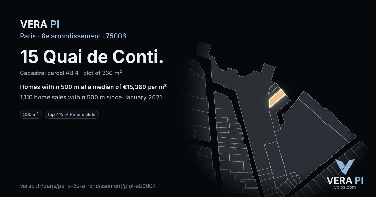 15 Quai de Conti, 6e arrondissement at night – the plot lit, the parcels around coloured by the prices near them