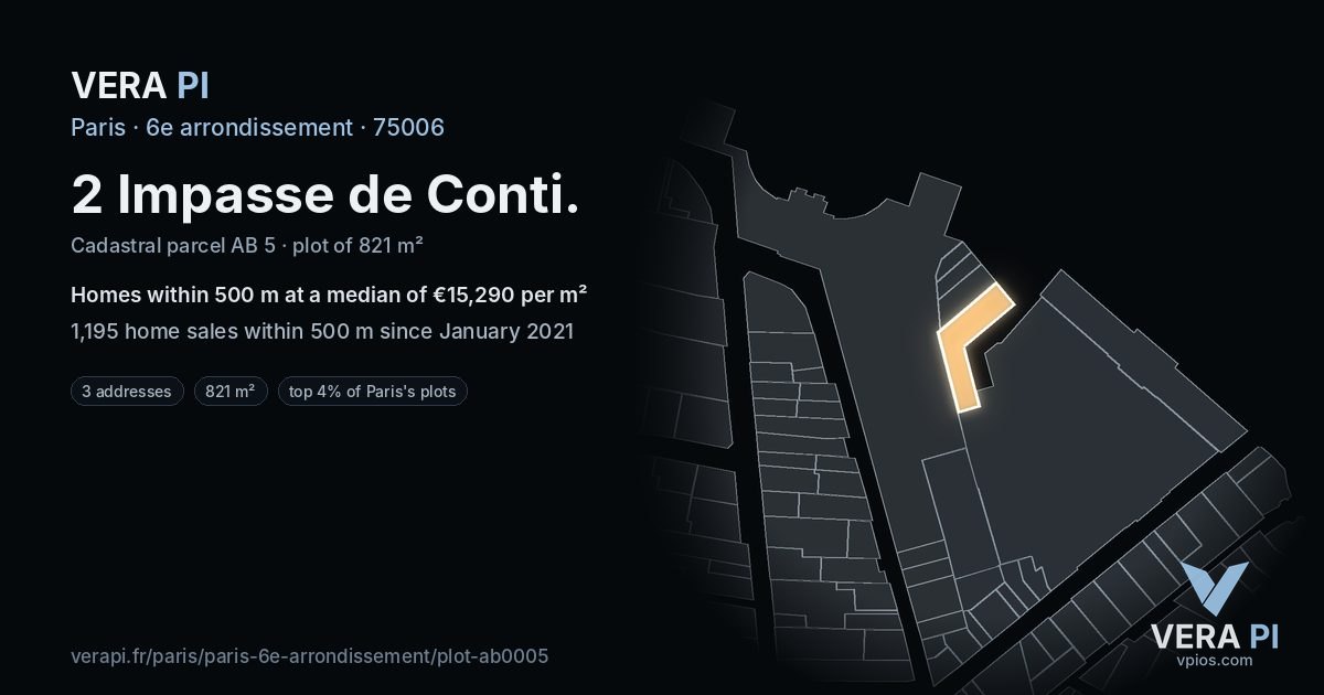 2 Impasse de Conti, 6e arrondissement at night – the plot lit, the parcels around coloured by the prices near them