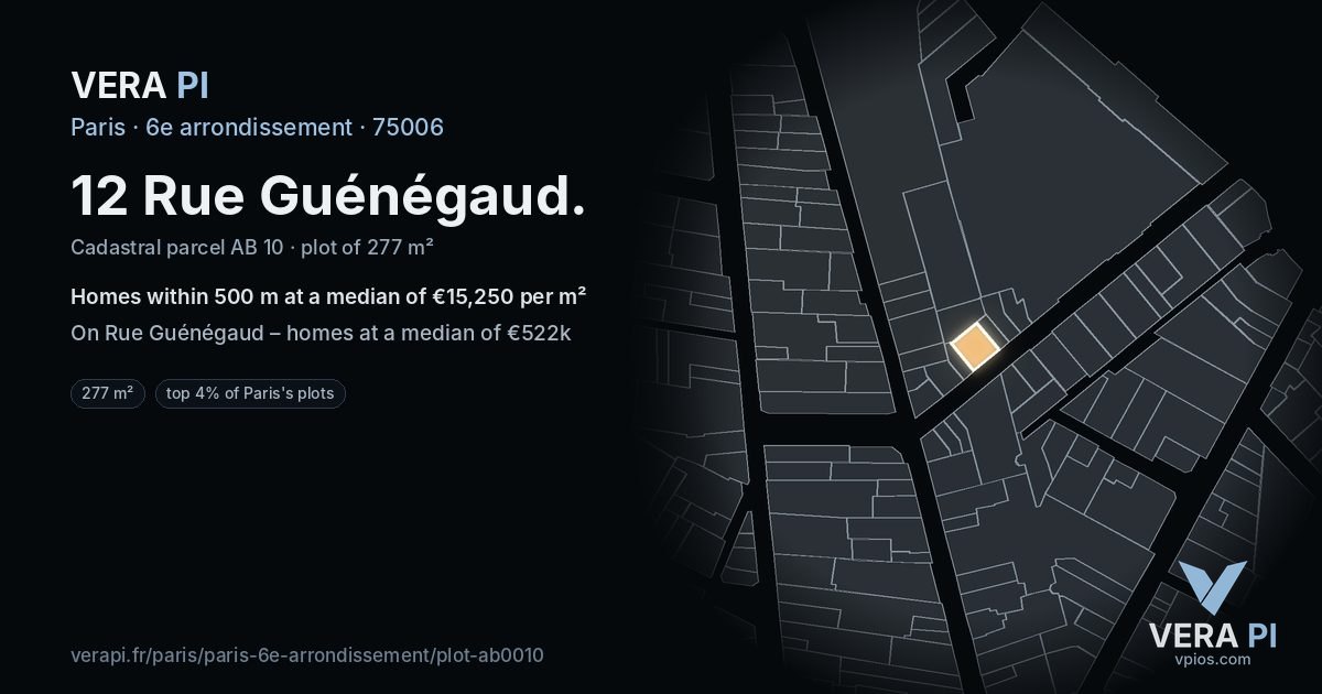 12 Rue Guénégaud, 6e arrondissement at night – the plot lit, the parcels around coloured by the prices near them
