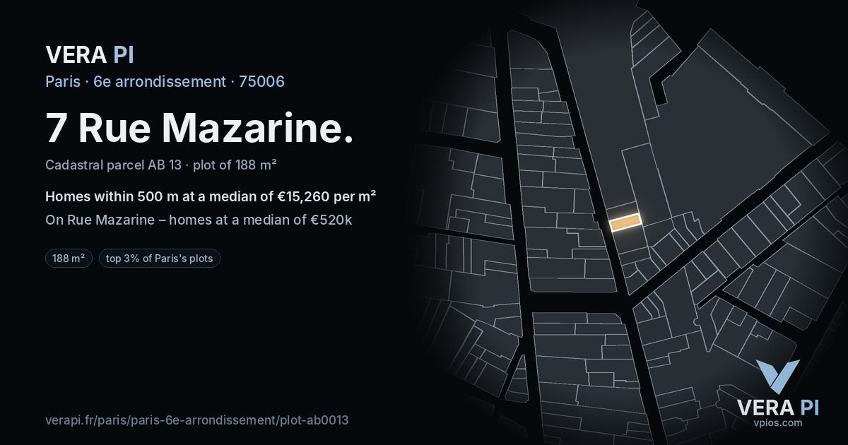 7 Rue Mazarine, 6e arrondissement at night – the plot lit, the parcels around coloured by the prices near them
