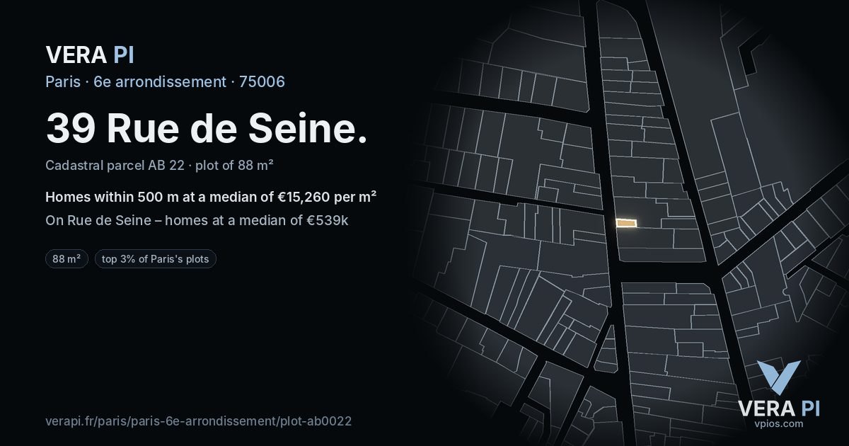 39 Rue de Seine, 6e arrondissement at night – the plot lit, the parcels around coloured by the prices near them