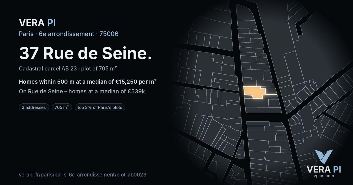 37 Rue de Seine, 6e arrondissement at night – the plot lit, the parcels around coloured by the prices near them