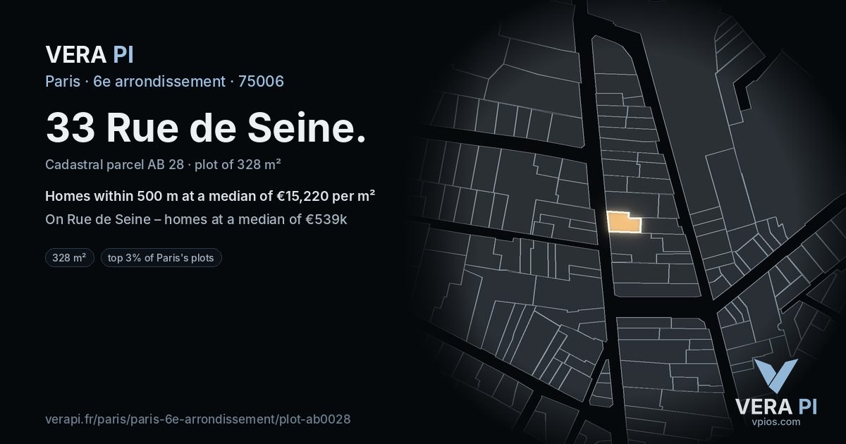 33 Rue de Seine, 6e arrondissement at night – the plot lit, the parcels around coloured by the prices near them