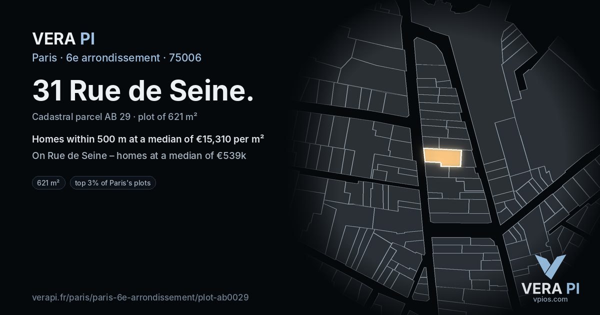 31 Rue de Seine, 6e arrondissement at night – the plot lit, the parcels around coloured by the prices near them