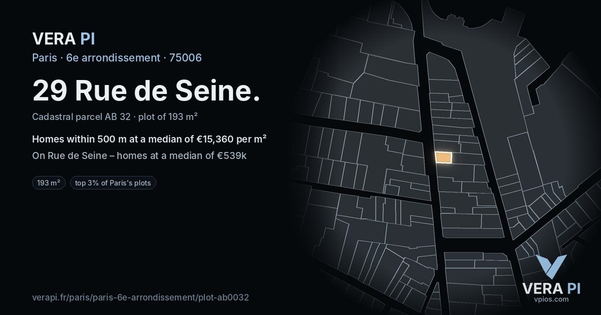 29 Rue de Seine, 6e arrondissement at night – the plot lit, the parcels around coloured by the prices near them