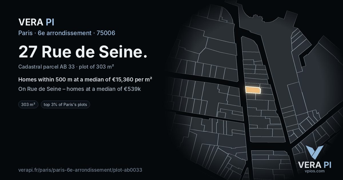 27 Rue de Seine, 6e arrondissement at night – the plot lit, the parcels around coloured by the prices near them