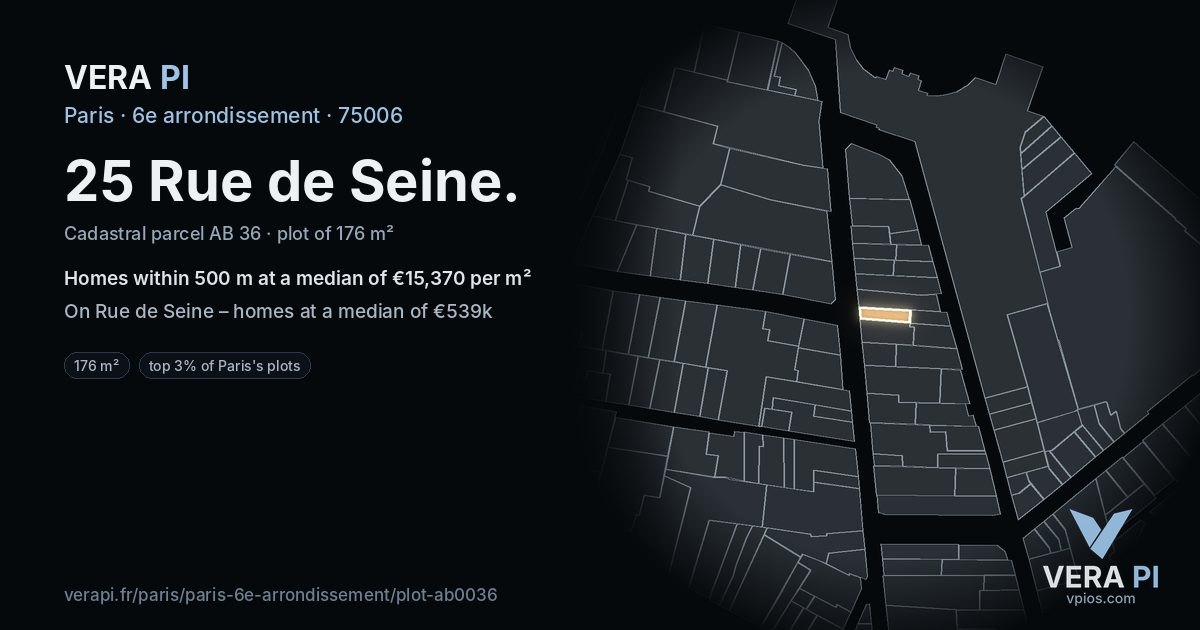25 Rue de Seine, 6e arrondissement at night – the plot lit, the parcels around coloured by the prices near them