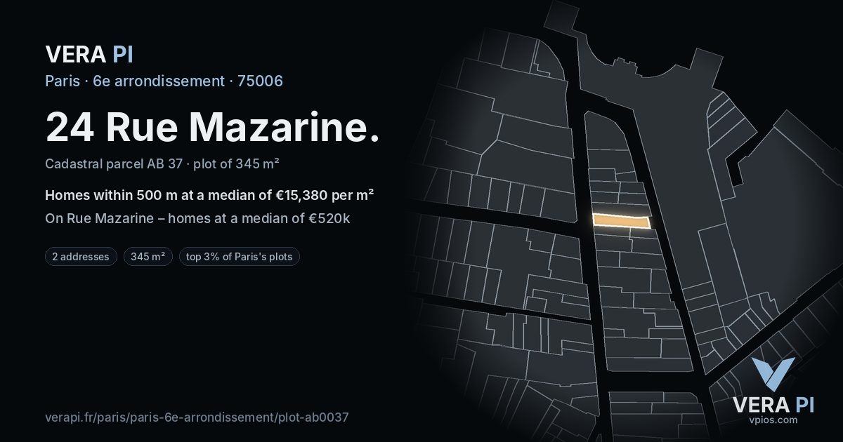 24 Rue Mazarine, 6e arrondissement at night – the plot lit, the parcels around coloured by the prices near them